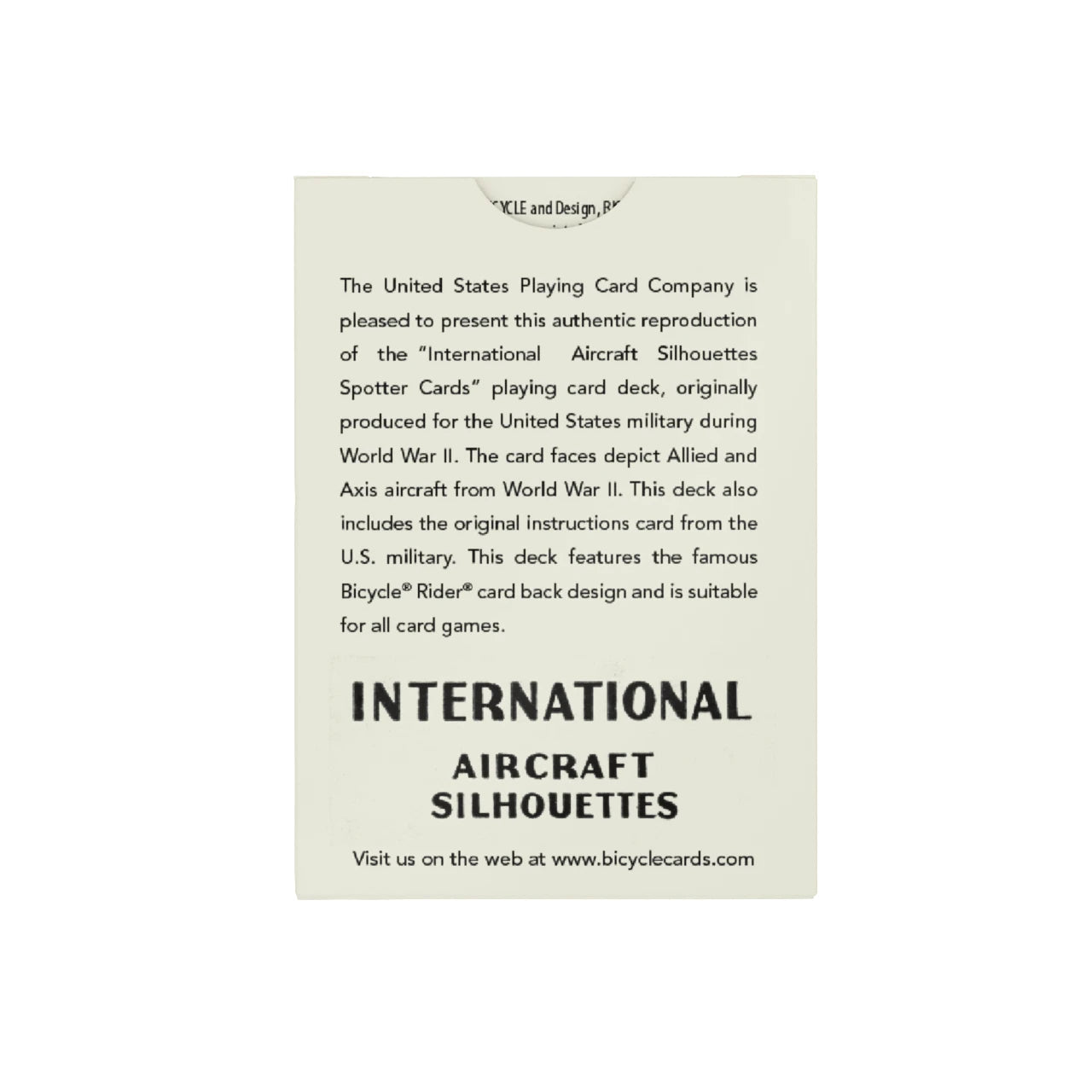 Bicycle Spotter deck back of tuck box describing International Aircraft Silhouettes reproduction