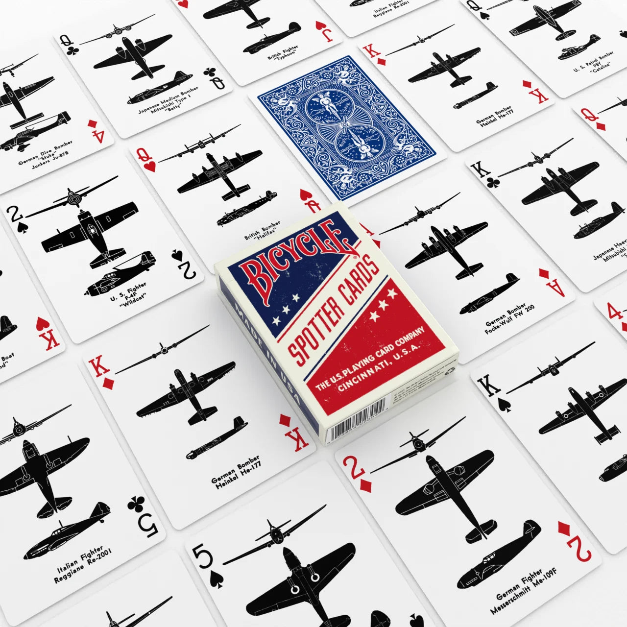 Bicycle Spotter Blue deck layout showing aircraft silhouette cards and blue Rider Back design