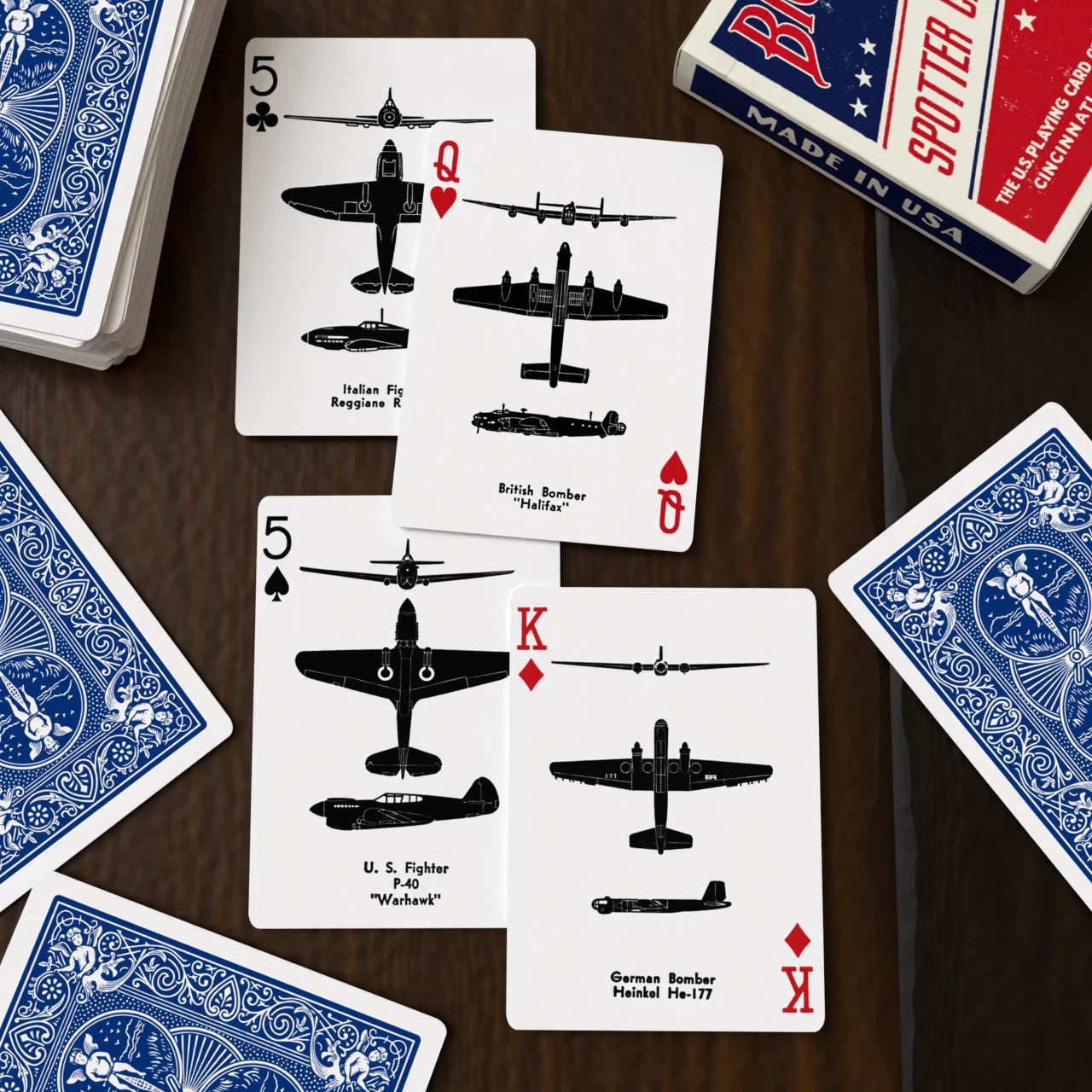 Bicycle Spotter Blue playing cards with blue Rider Back deck, WWII aircraft silhouette cards, and tuck box