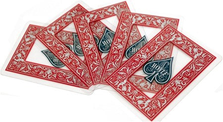 Four red Hoyle playing cards with blue spade symbols on a white background