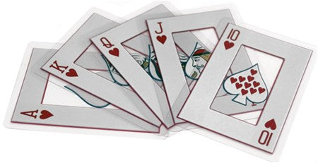 Four Hoyle playing cards (ace, jack, queen, ten of hearts) on a white background