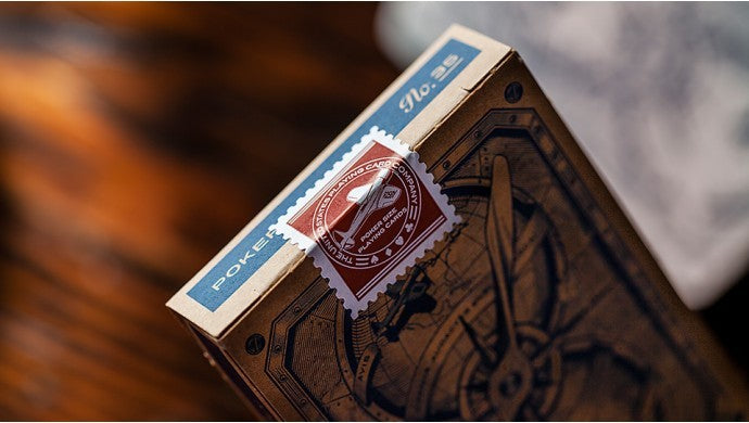 Wooden deck of cards with a visible brand label on a blurred background