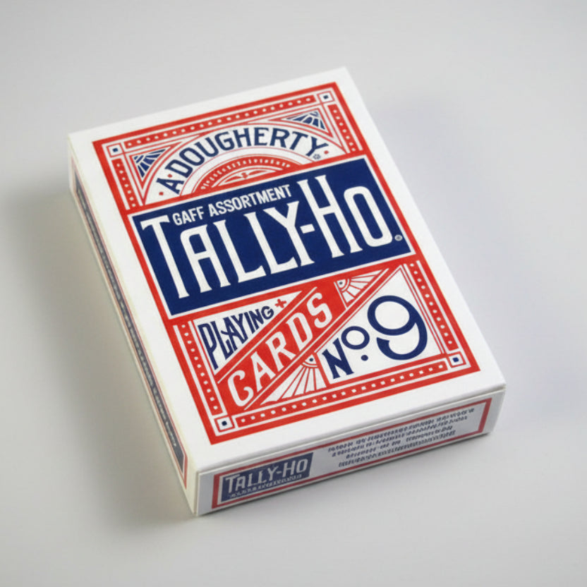 Playing card deck with 'Tally-Ho' branding on a dark background