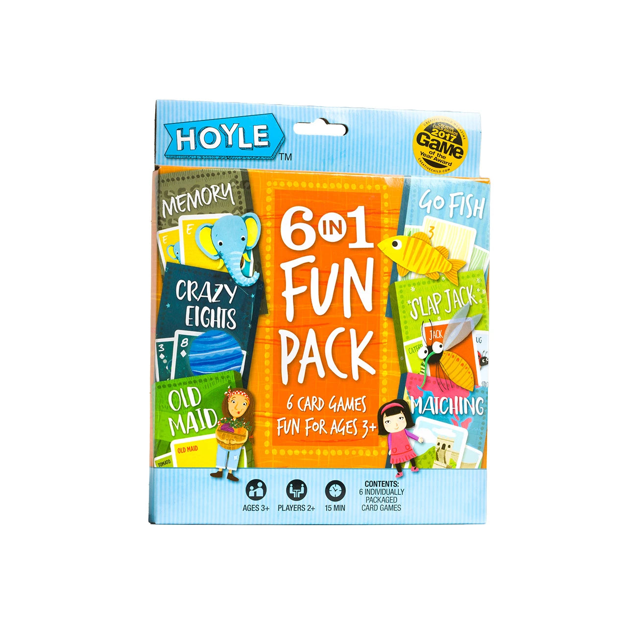 Hoyle 6 in 1 Fun Pack box with Memory, Go Fish, Crazy Eights, Old Maid, Slap Jack, and Matching games