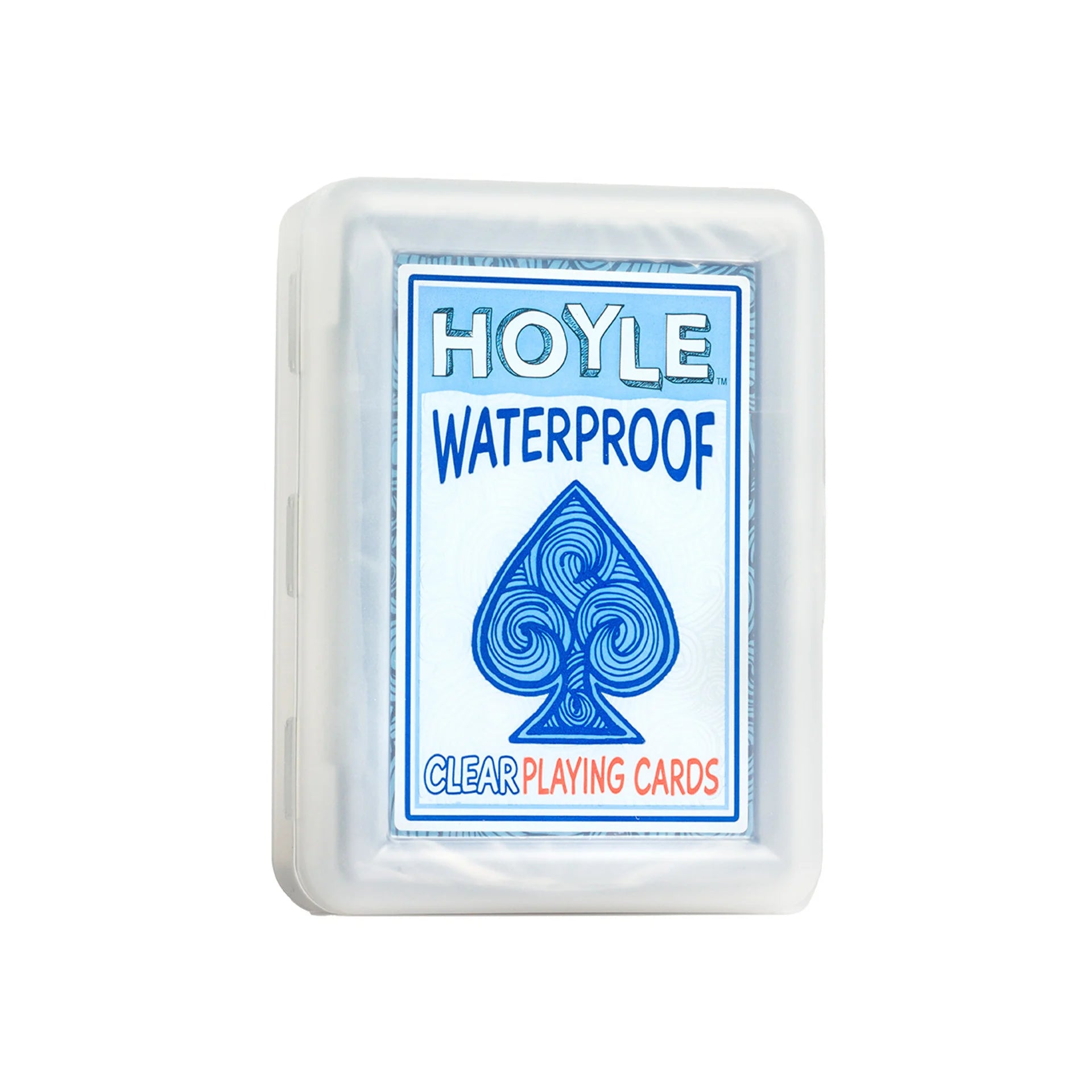 Hoyle Waterproof clear playing cards in blue packaging on a white background