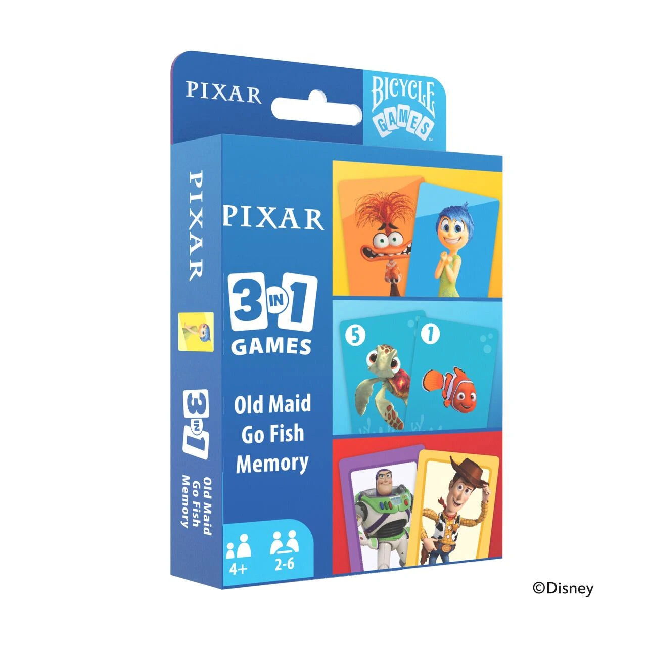Bicycle Disney Pixar 3 in 1 card games box showing Old Maid, Go Fish, and Memory