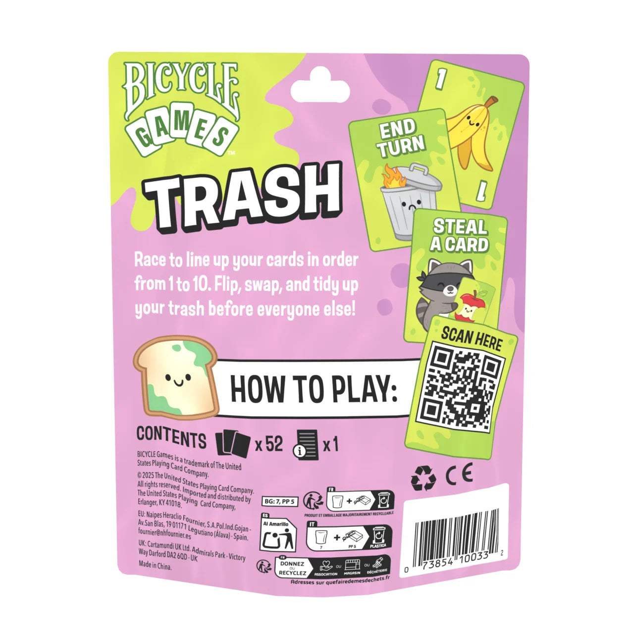 Back of Bicycle Trash package with gameplay summary, contents and QR code