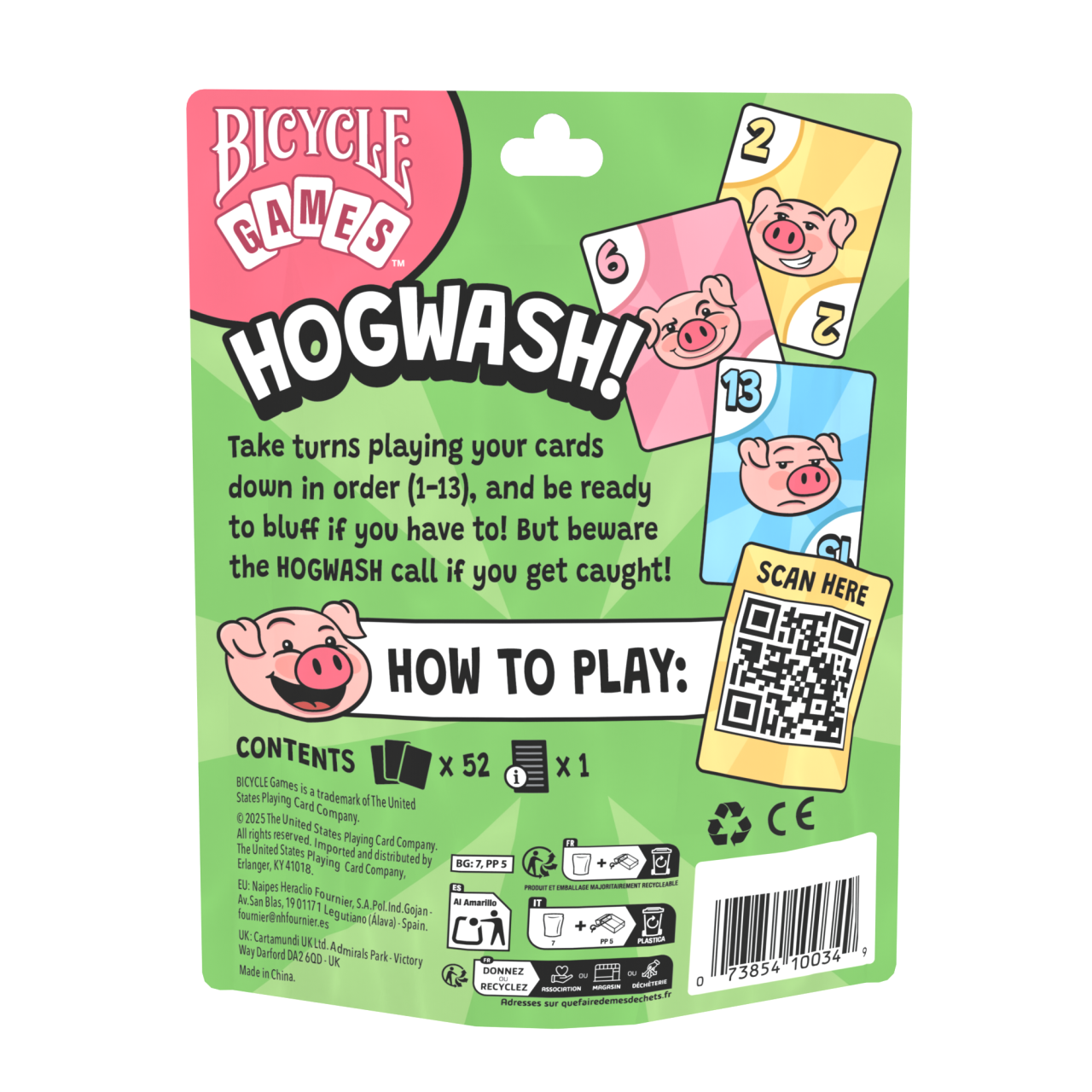 Back of Bicycle Hogwash package with rules, contents and QR code