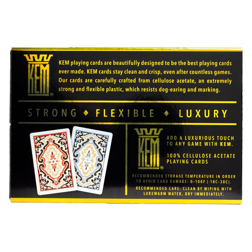 KEM playing cards packaging with text about card quality and features.