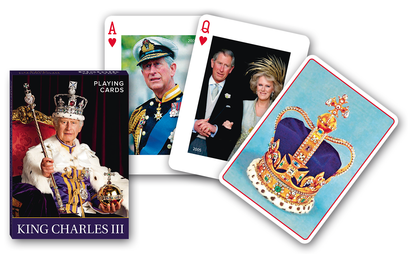 Playing cards featuring portraits of a king and queen with a decorative crown on a blue background.