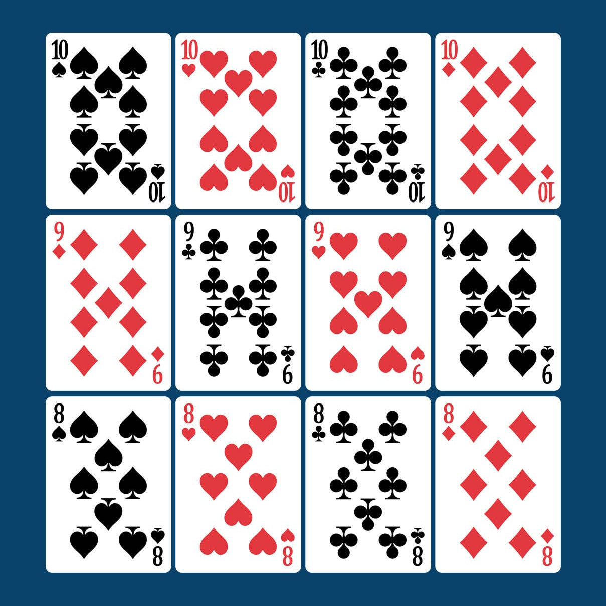 Set of playing cards with numbers 10, 9, and 8 on a blue background