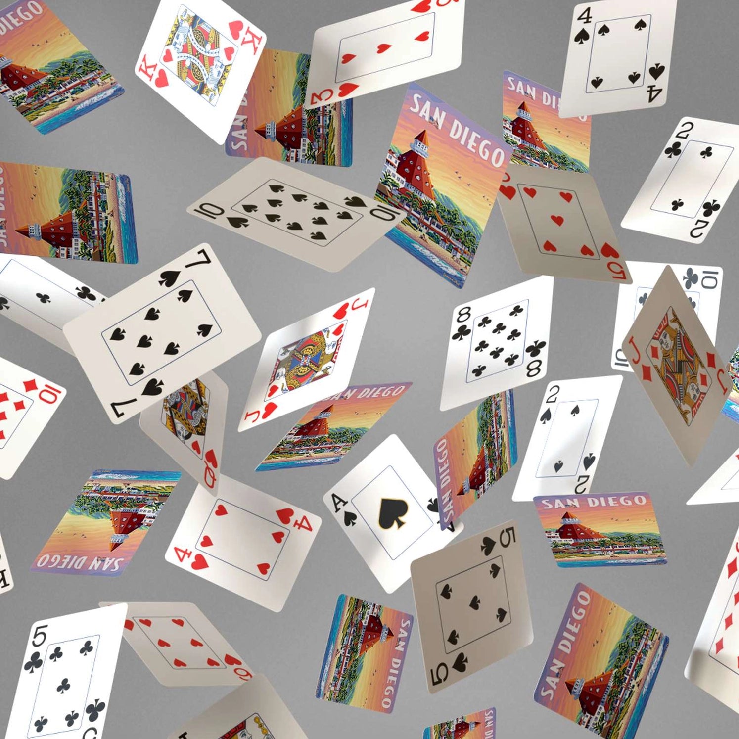 San Diego Playing Cards by Boardwalk falling card display with scenic San Diego backs