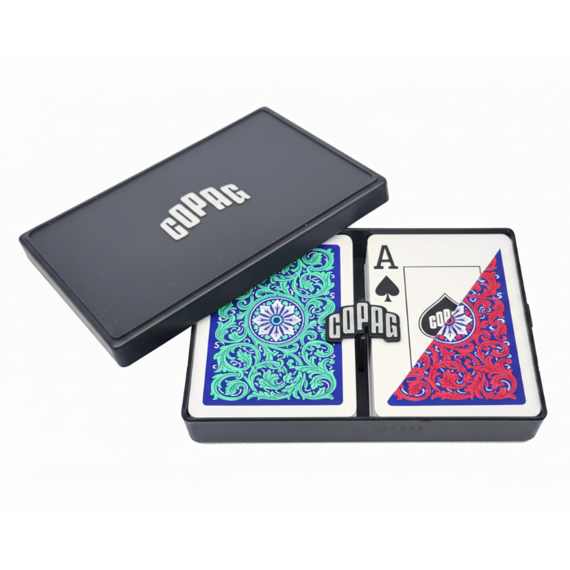 Copag Neoteric Playing Cards, Poker Size, Jumbo Index (Red & Green) packaging in a case with two card designs on a white background