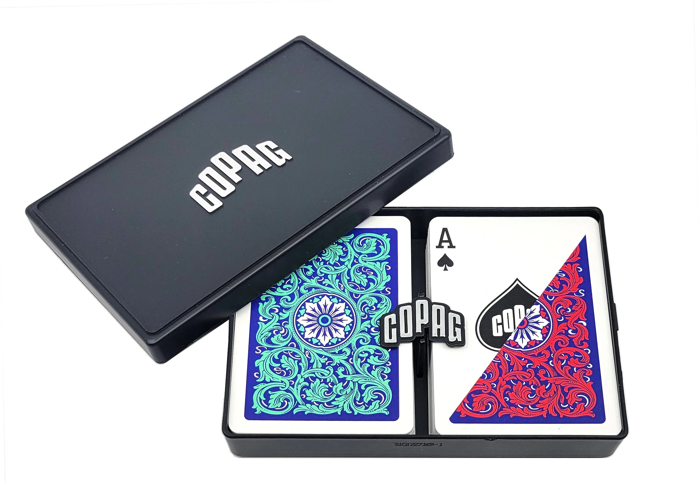 Copag Neoteric Poker Size Regular Index (Red & Green) playing cards with Copag branding on a white background