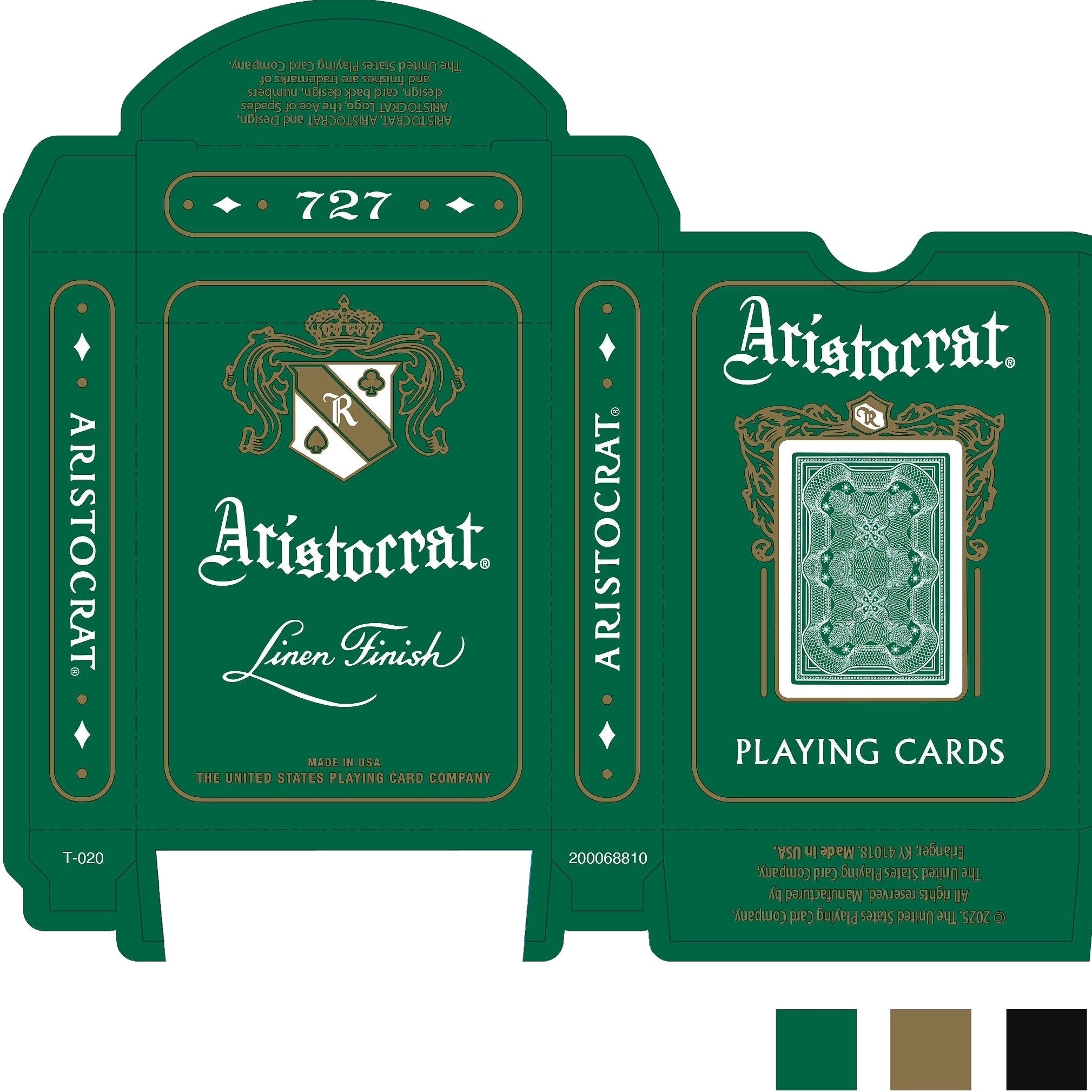 Currency green packaging of Aristocrat playing cards with brand logo and text.