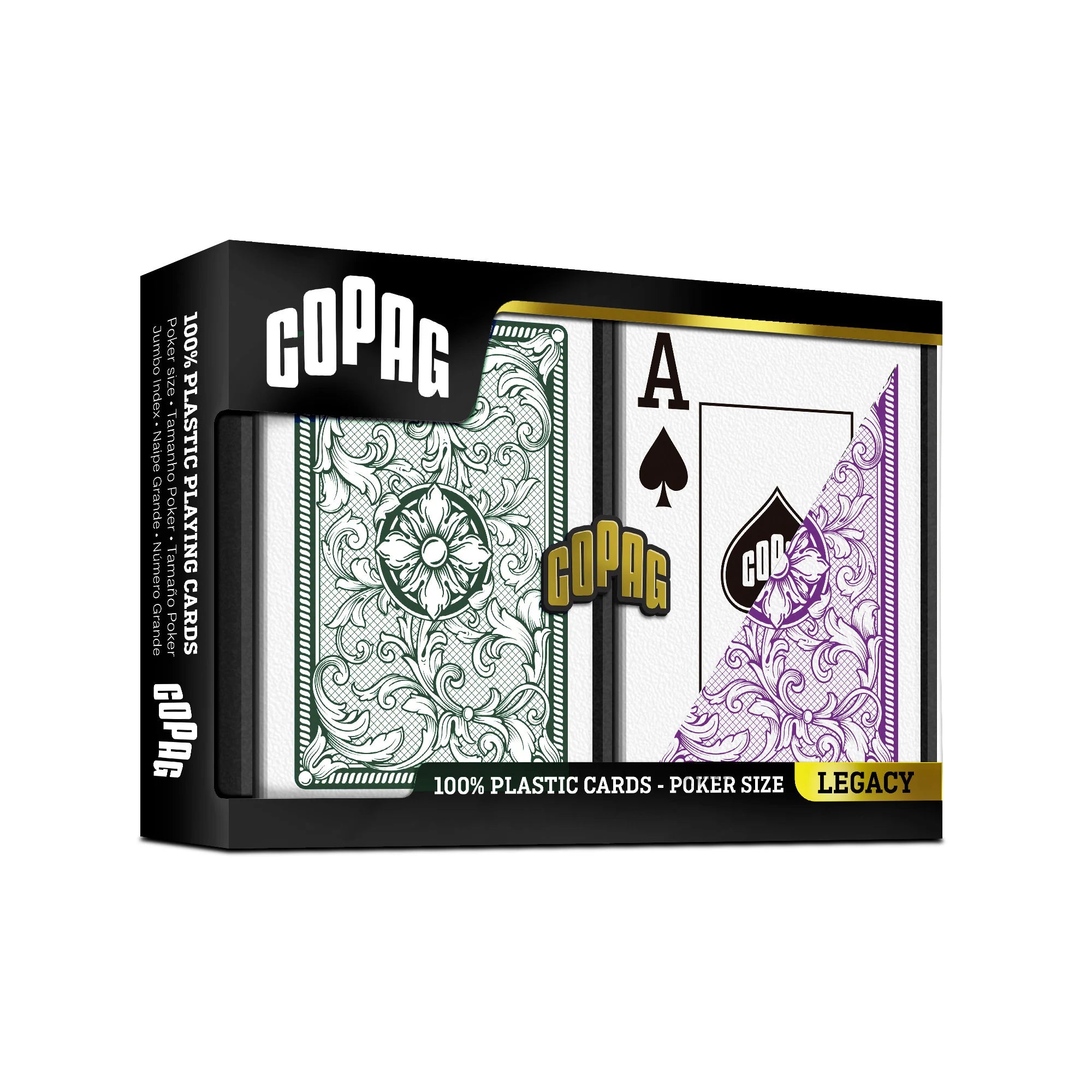 Copag Legacy Poker Size Jumbo Index (Green & Purple) playing cards packaging with two card designs on a white background