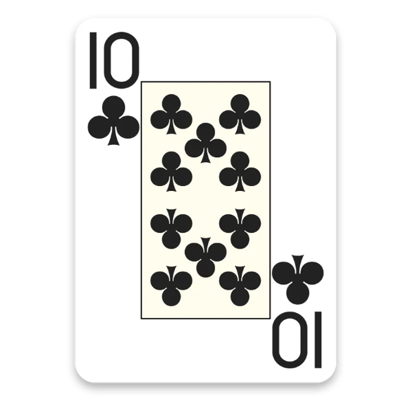 Playing card with the number 10 and club symbols on a white background
