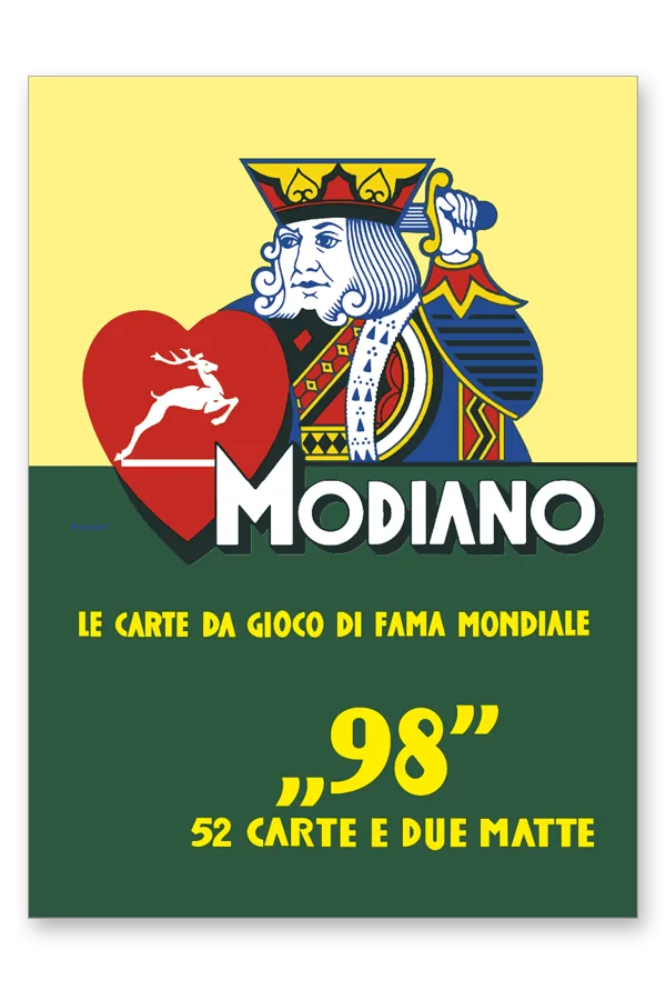 Modiano 98 card game packaging with a king of hearts design on a yellow and green background