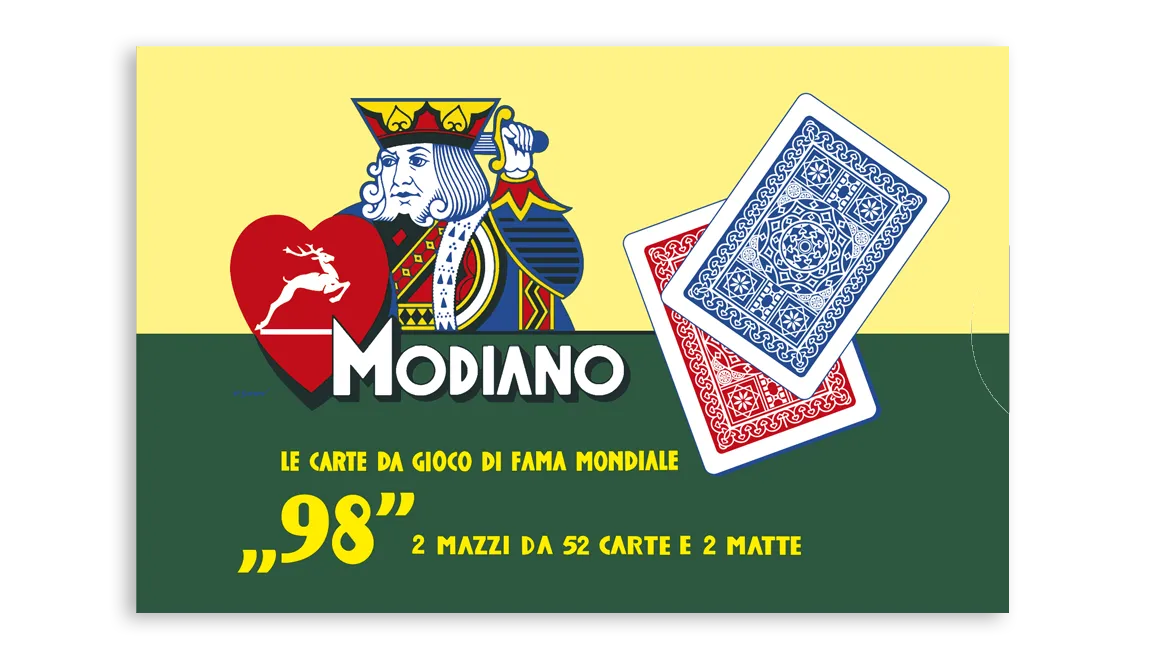 Modiano 98 playing cards packaging with a king of hearts design on a yellow and green background