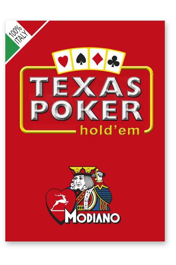 Red card box for Texas Hold'em with Modiano logo