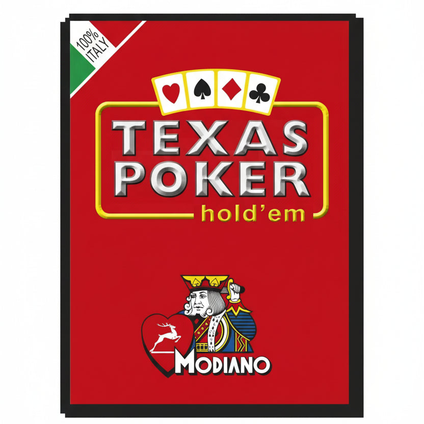 Red card box for Texas Hold'em with Modiano logo