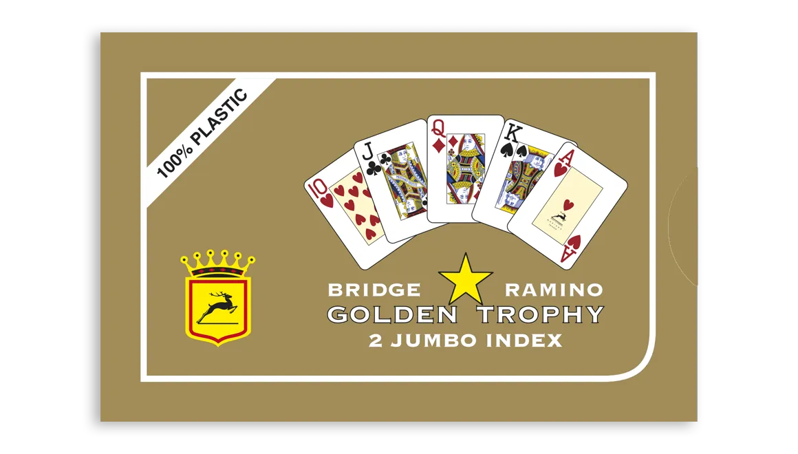 Modiano Golden Trophy card game packaging with playing cards and brand logo on a beige background