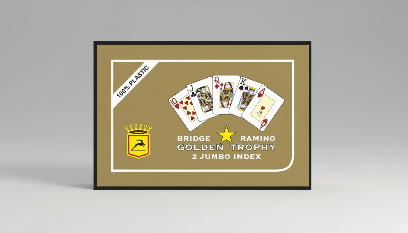 Modiano Golden Trophy card game packaging with playing cards and brand logo on a beige background