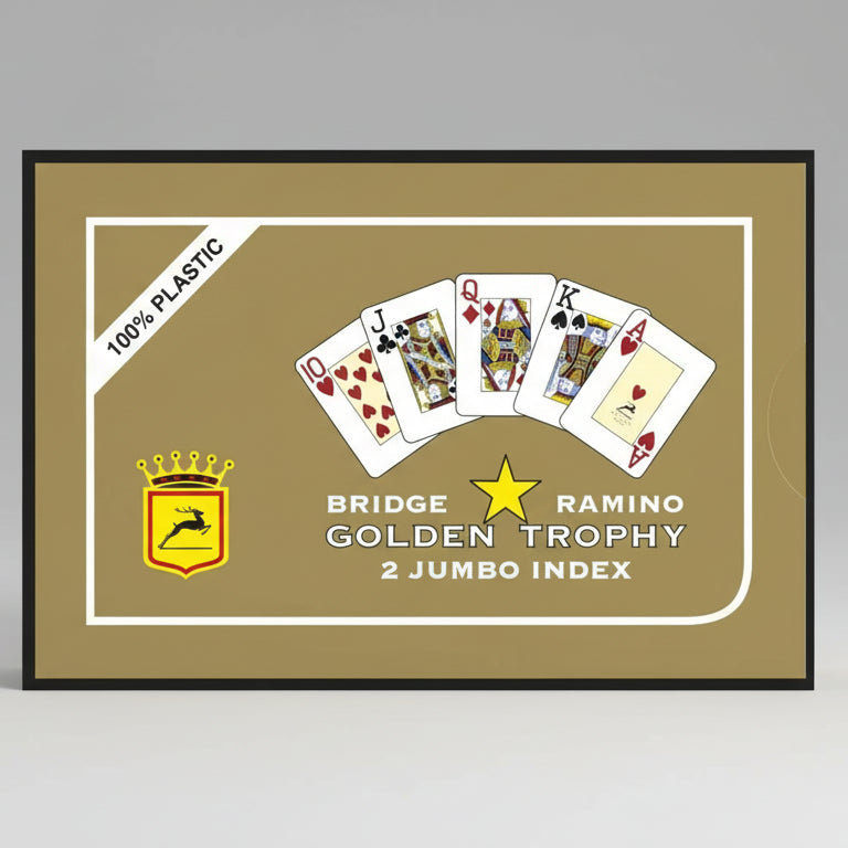 Modiano Golden Trophy card game packaging with playing cards and brand logo on a beige background