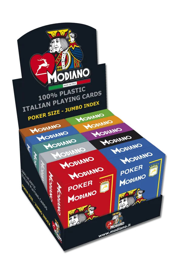 Display box of Modiano Italian playing cards with colorful card boxes.