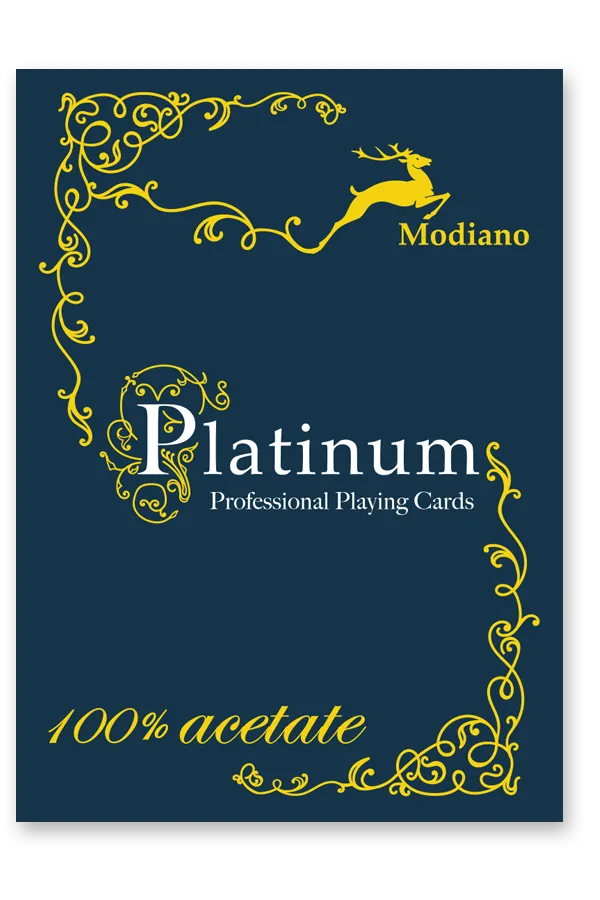 Modiano Platinum playing cards packaging with decorative elements on a blue background