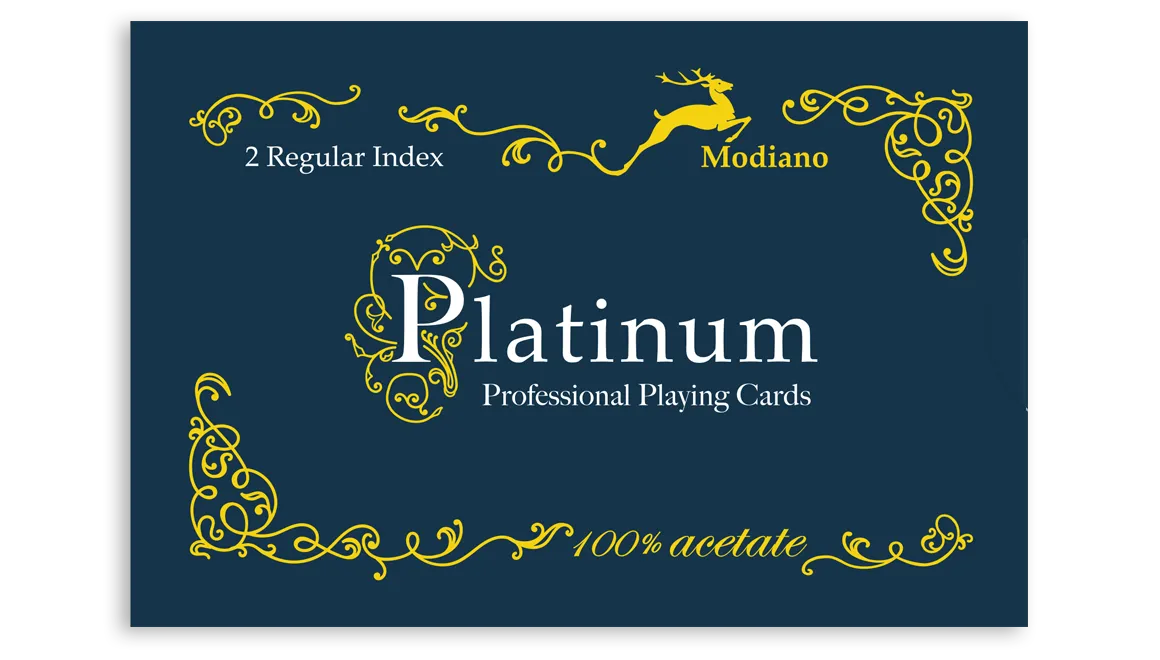 Platinum professional playing cards packaging with decorative elements on a blue background