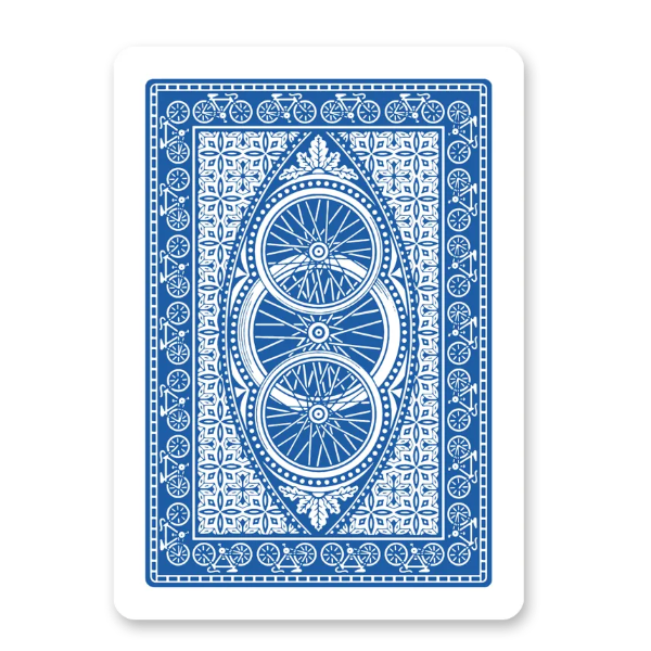 Blue playing card with decorative border and central design on a white background