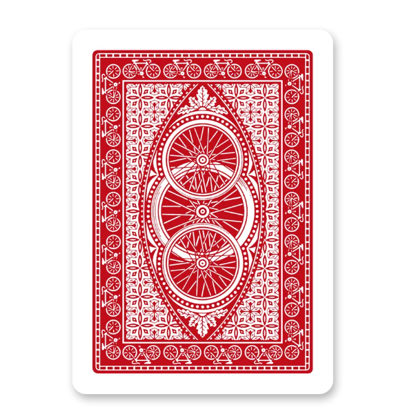 Red playing card with white decorative design on a white background