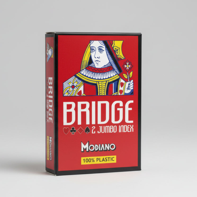Modiano Bridge 2 Jumbo box with a playing card design on a red background
