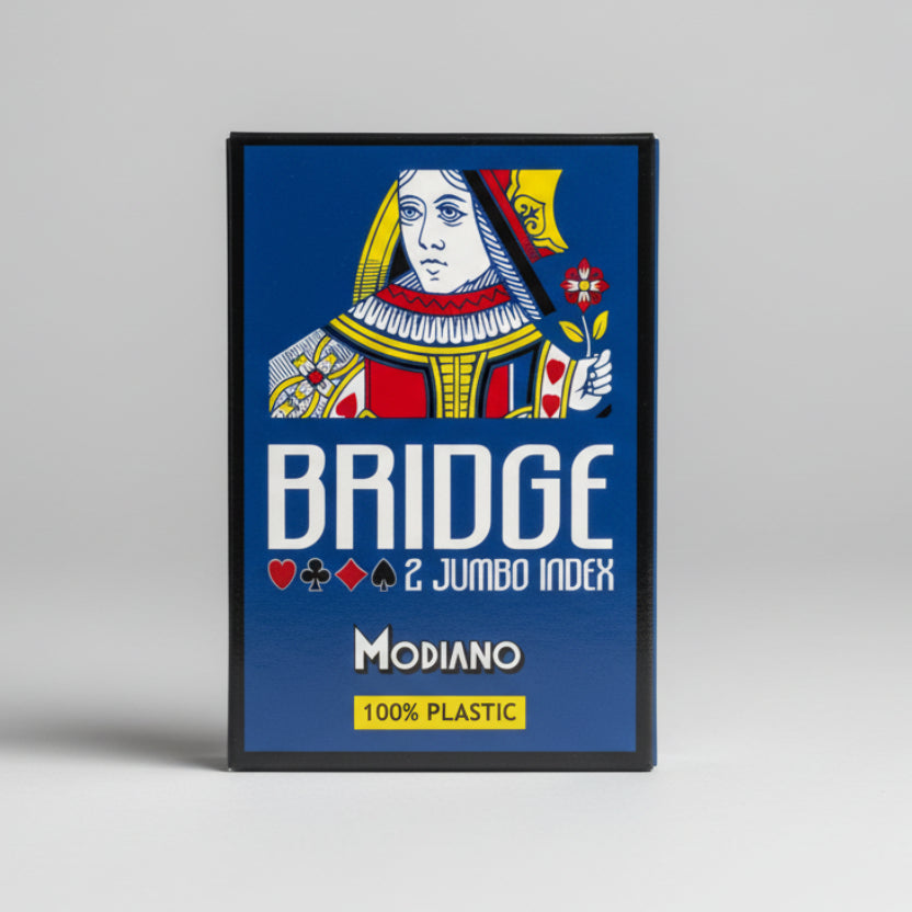 Bridge 2 Jumbo box with a Queen of Hearts design on a blue background, featuring the brand 'Modiano'.