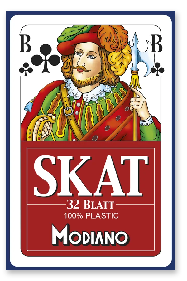 Packaging of Modiano Skat playing cards with a character holding a spear and shield.