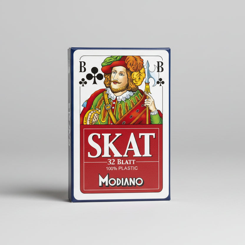Packaging of Modiano Skat playing cards with a character holding a spear and shield.