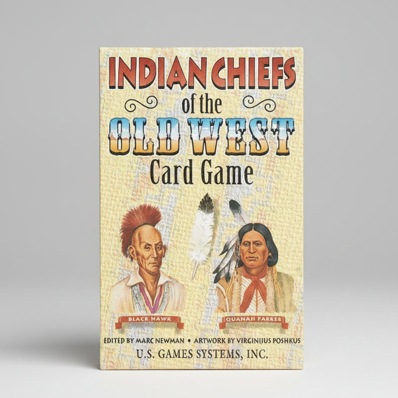 Card game box for 'Indian Chiefs of the Old West' featuring portraits of Black Hawk and Quanah Parker.