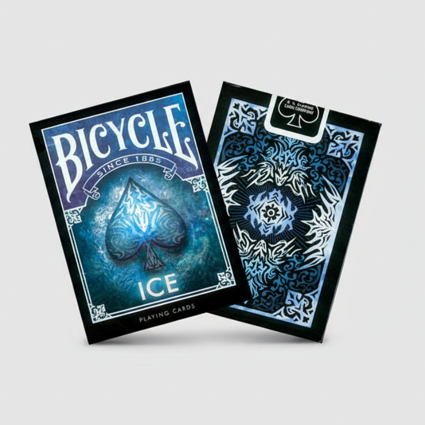 Bicycle Ice playing cards with blue and black design on a white background