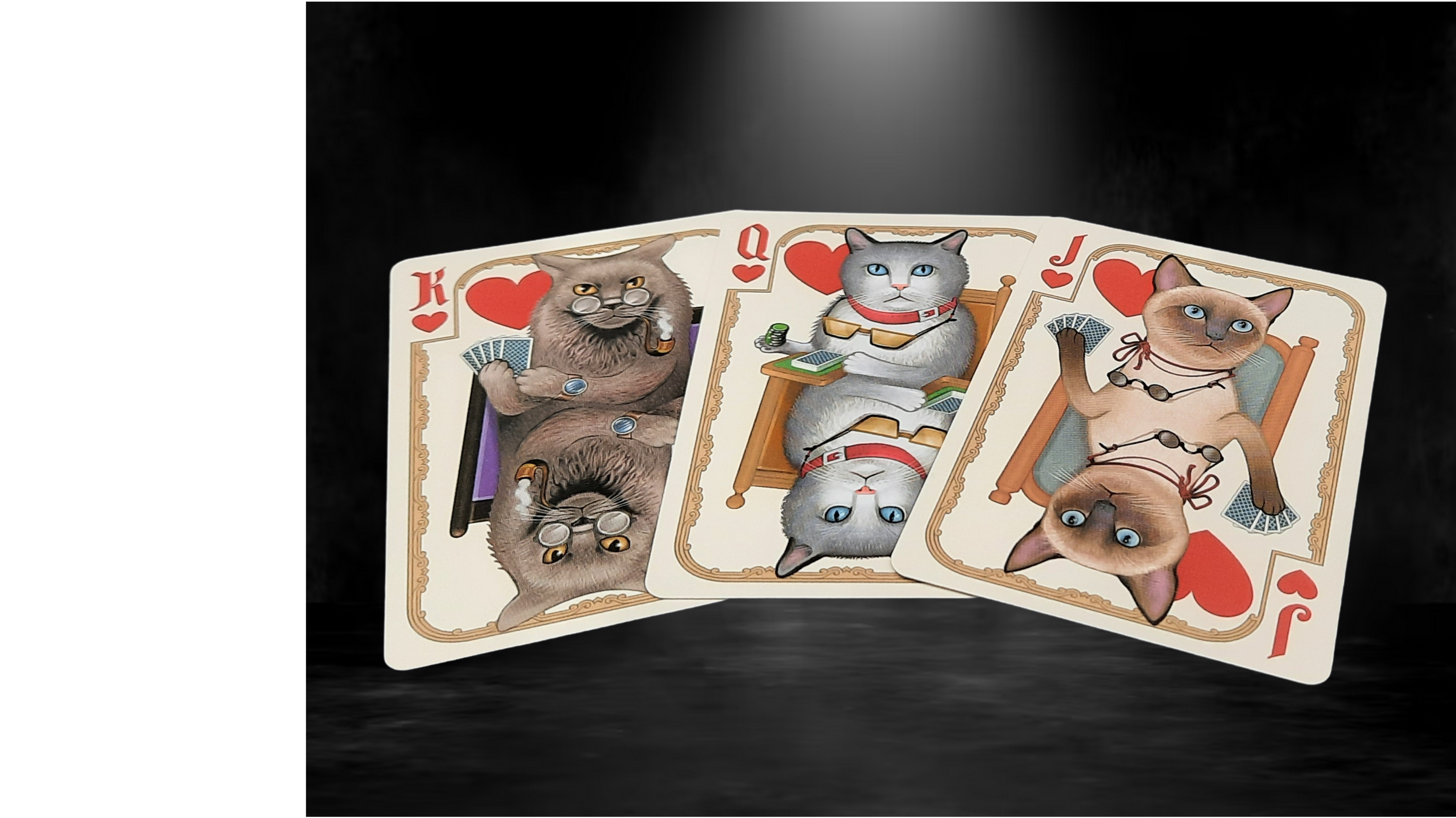 Bicycle Poker Cats playing cards with cat illustrations on a dark background