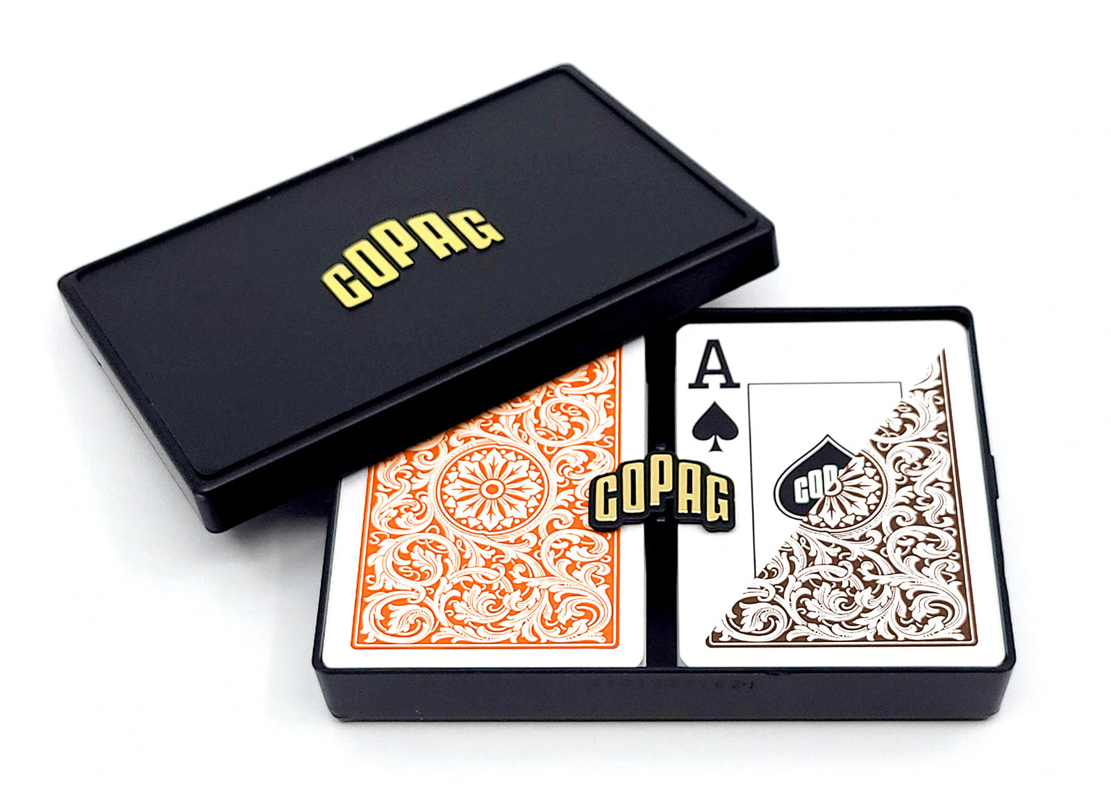 Copag 1546 Playing Cards – Poker Size, Jumbo Index (Orange & Brown) playing cards with a black box on a white background