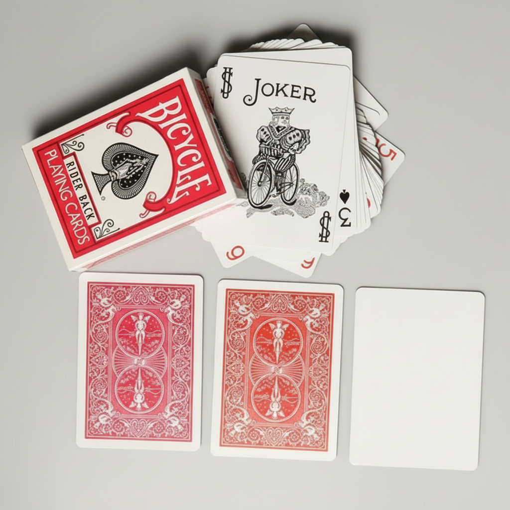 Bicycle Fuchsia playing cards including a Joker card on a wooden surface