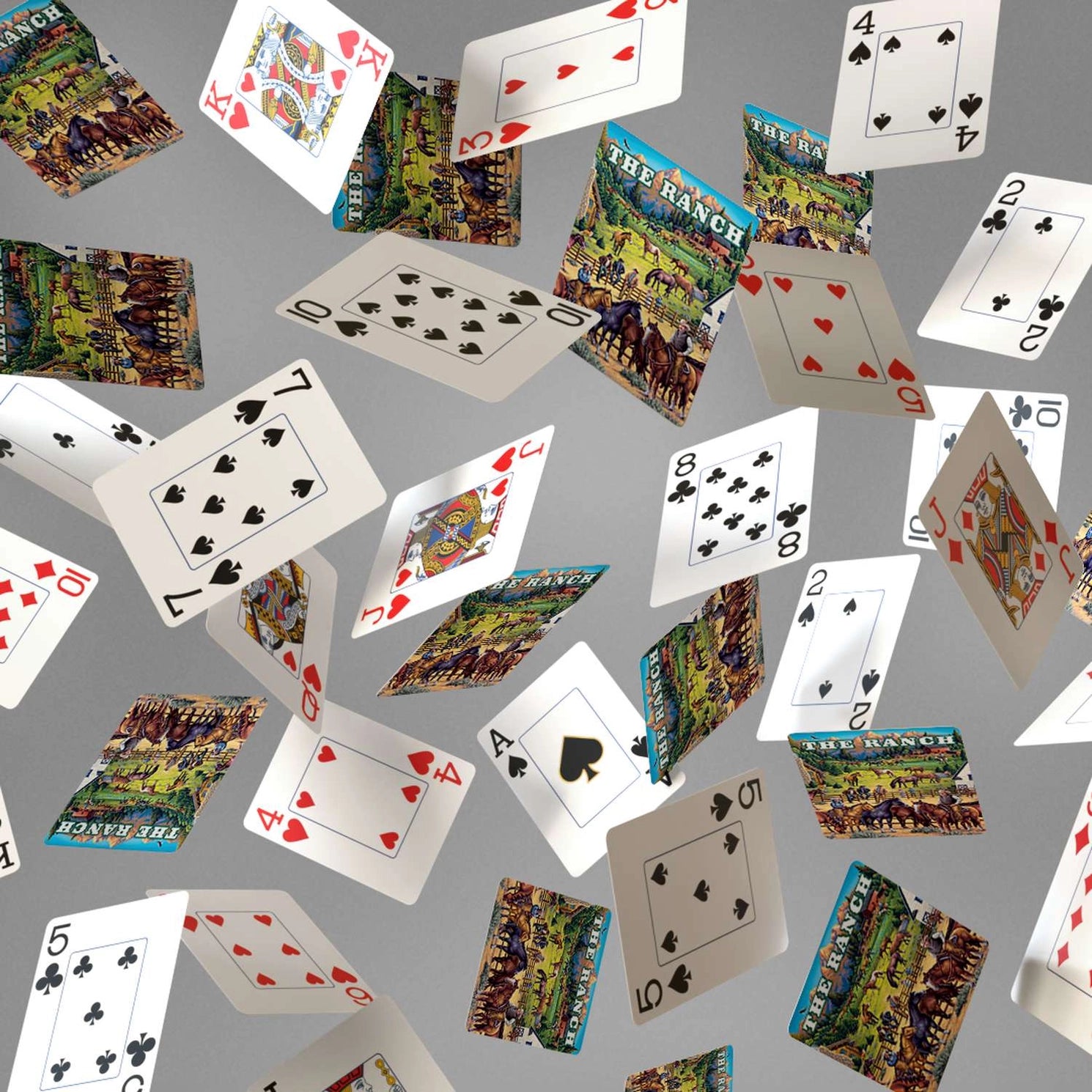 The Ranch Playing Cards by Boardwalk card backs in falling card display