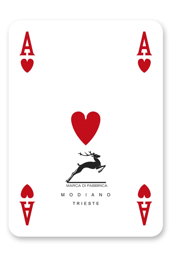 Playing card with red hearts and Modiano Trieste branding on a white background