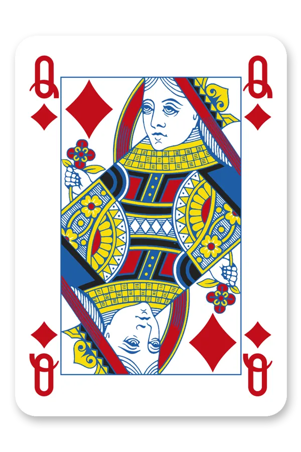 Playing card featuring the Queen of Diamonds with colorful design on a white background