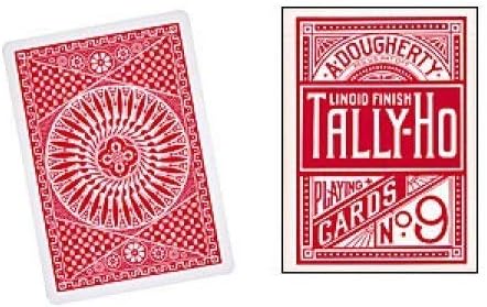 Two red playing cards with 'Tally-Ho' branding on a white background