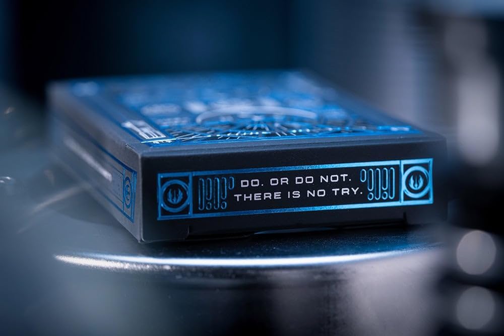 Blue electronic device with text on a reflective surface