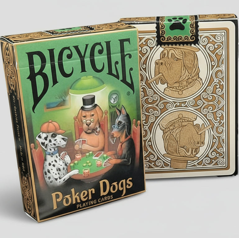Bicycle Poker Dogs playing cards with vintage design on a dark background