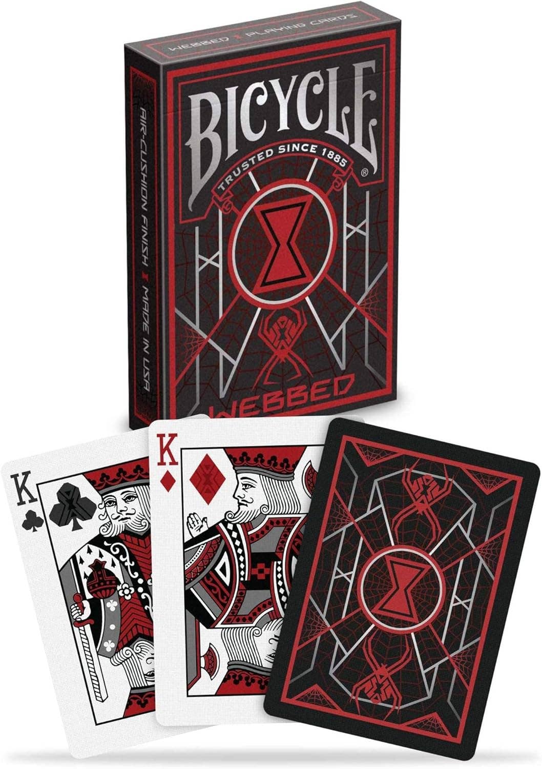 Bicycle Webbed playing cards with two cards displayed in front of the box.