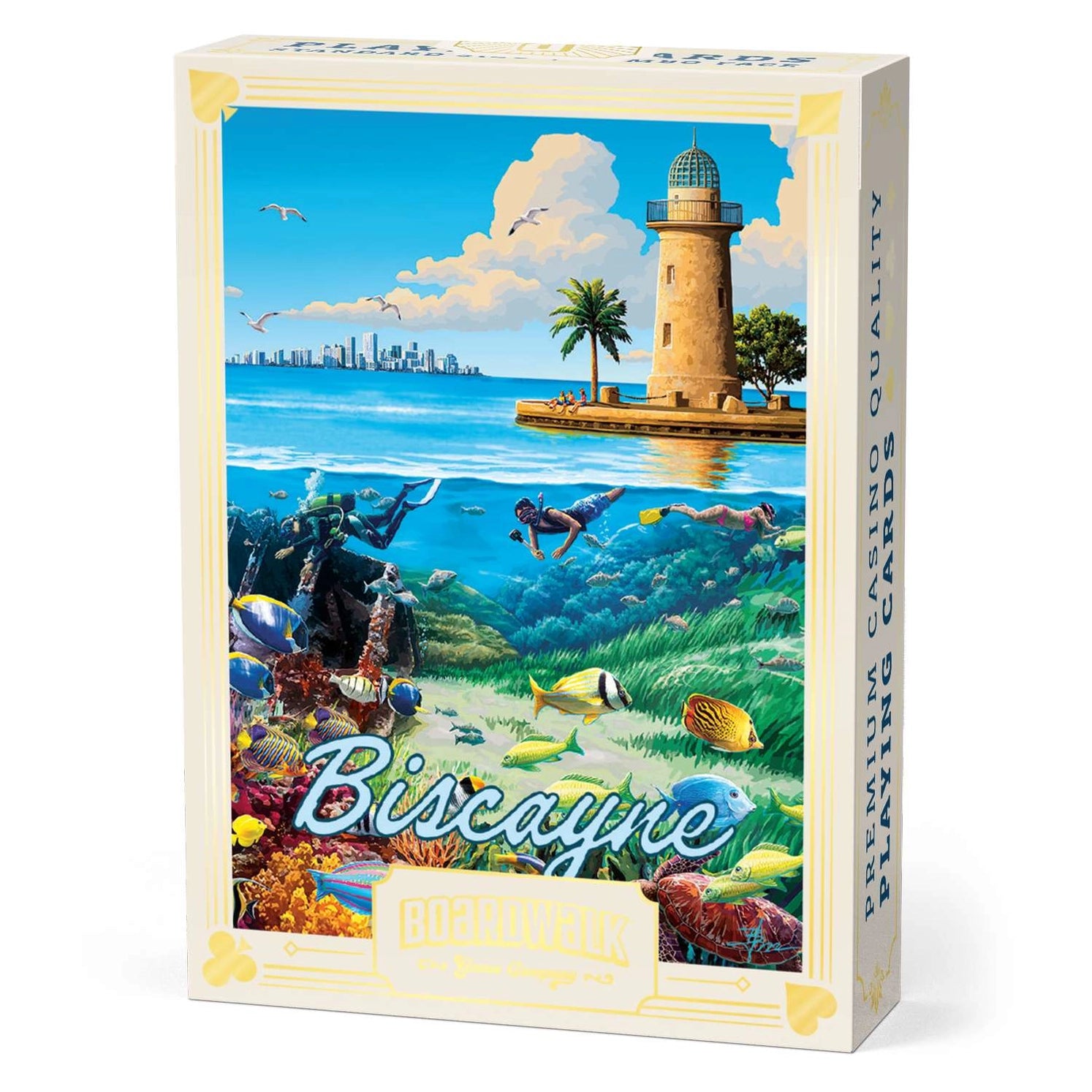 Biscayne Playing Cards by Boardwalk tuck box with coastal lighthouse and snorkeling artwork